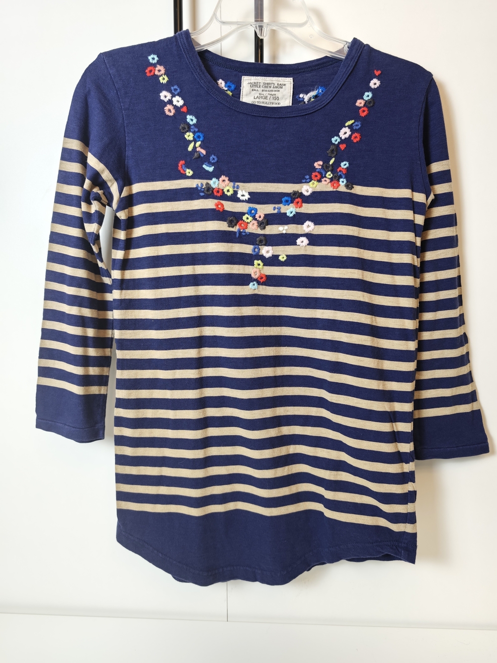 Go To Hollywood Girls Navy Cream Striped Floral Embroidered Top Large 150